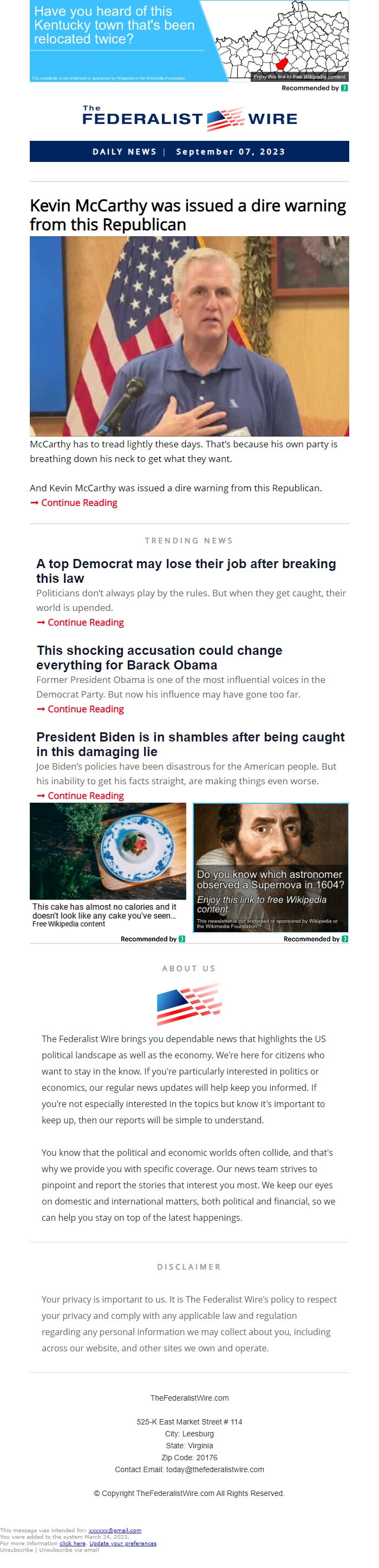 Screenshot of the email generated on import