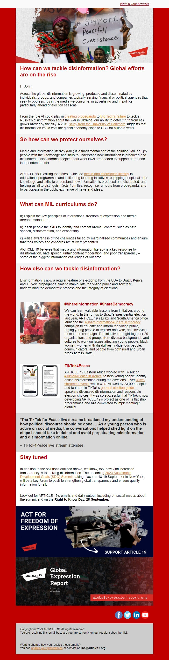 Screenshot of the email generated on import