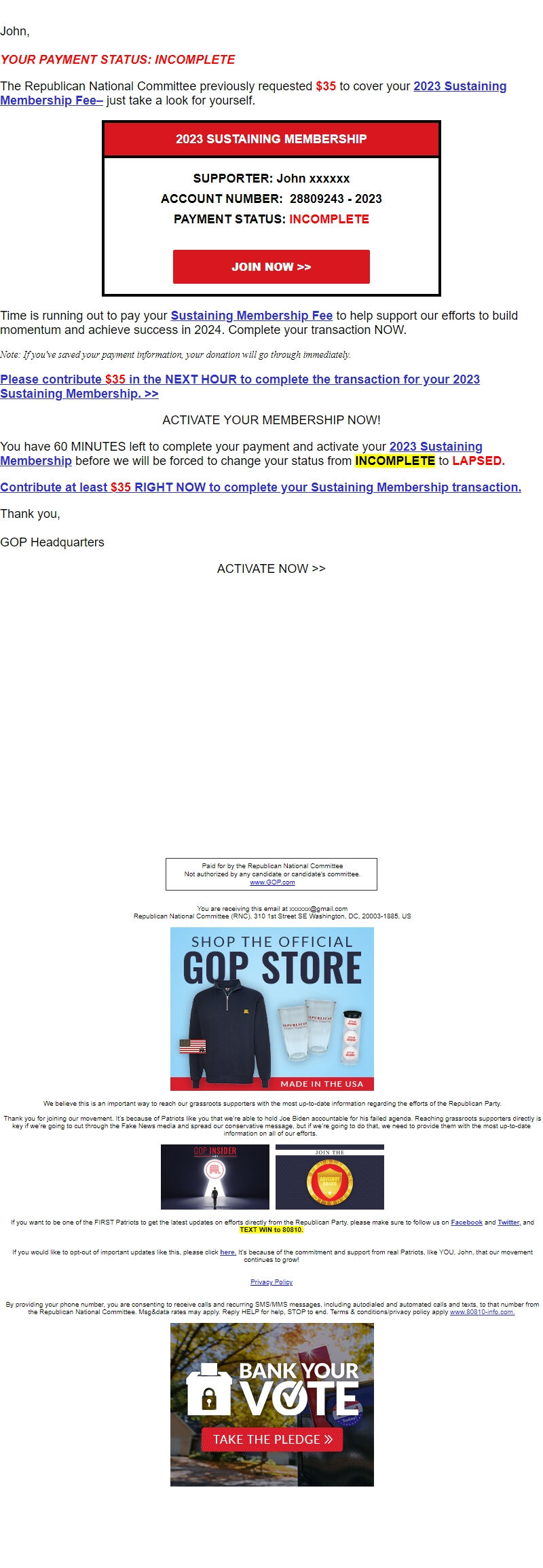 Screenshot of the email generated on import