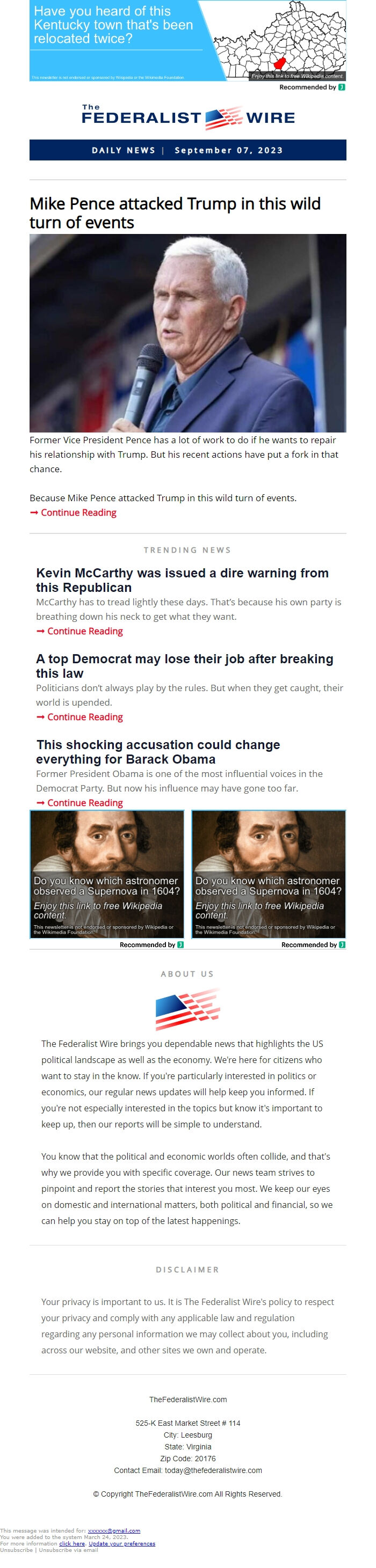 Screenshot of the email generated on import