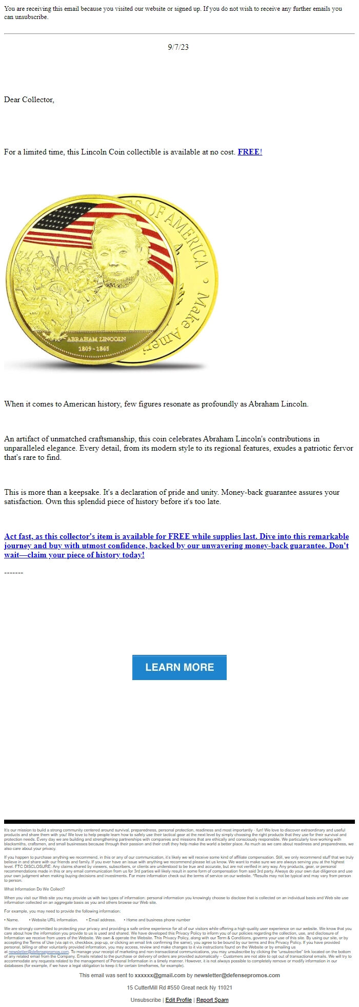 Screenshot of the email generated on import