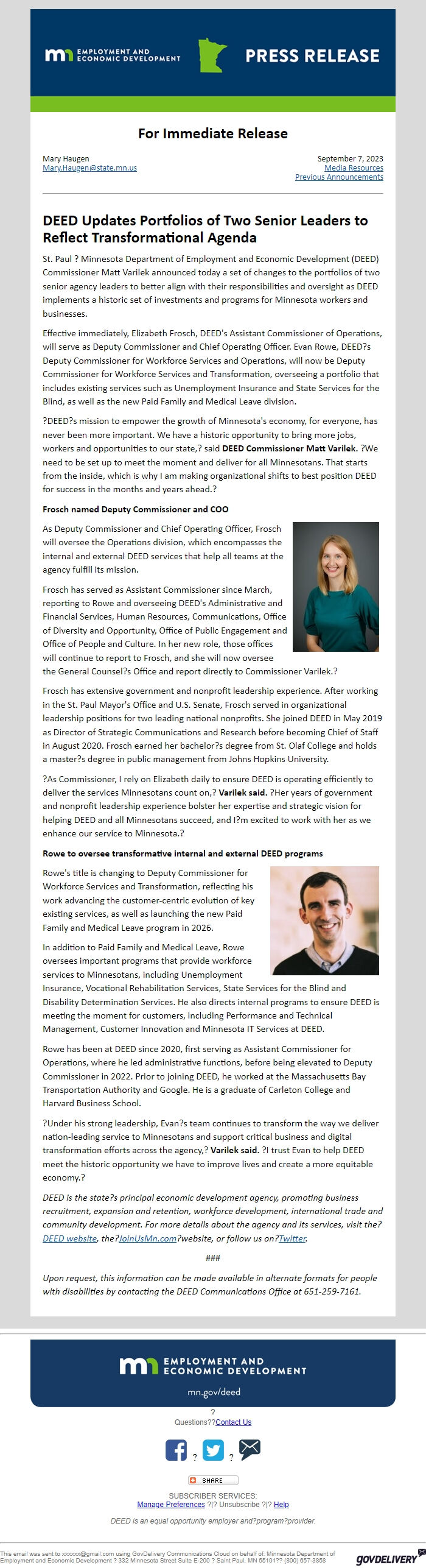 Screenshot of the email generated on import