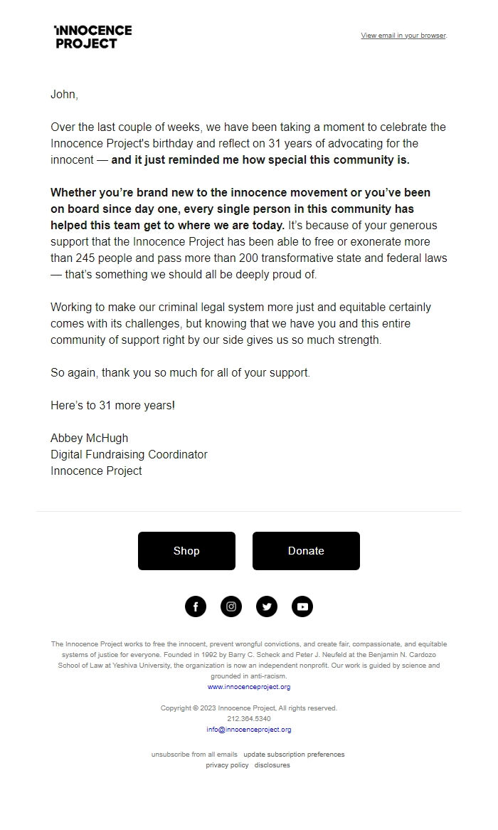 Screenshot of the email generated on import