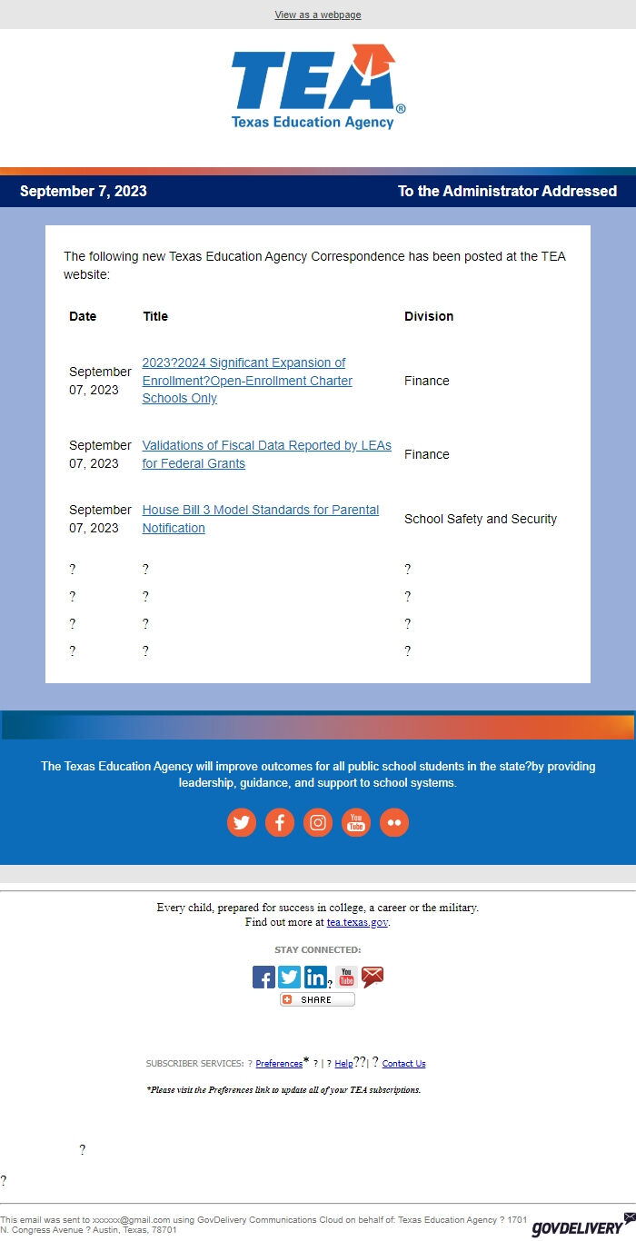 Screenshot of the email generated on import