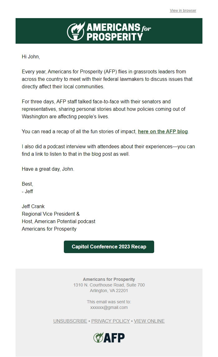 Screenshot of the email generated on import