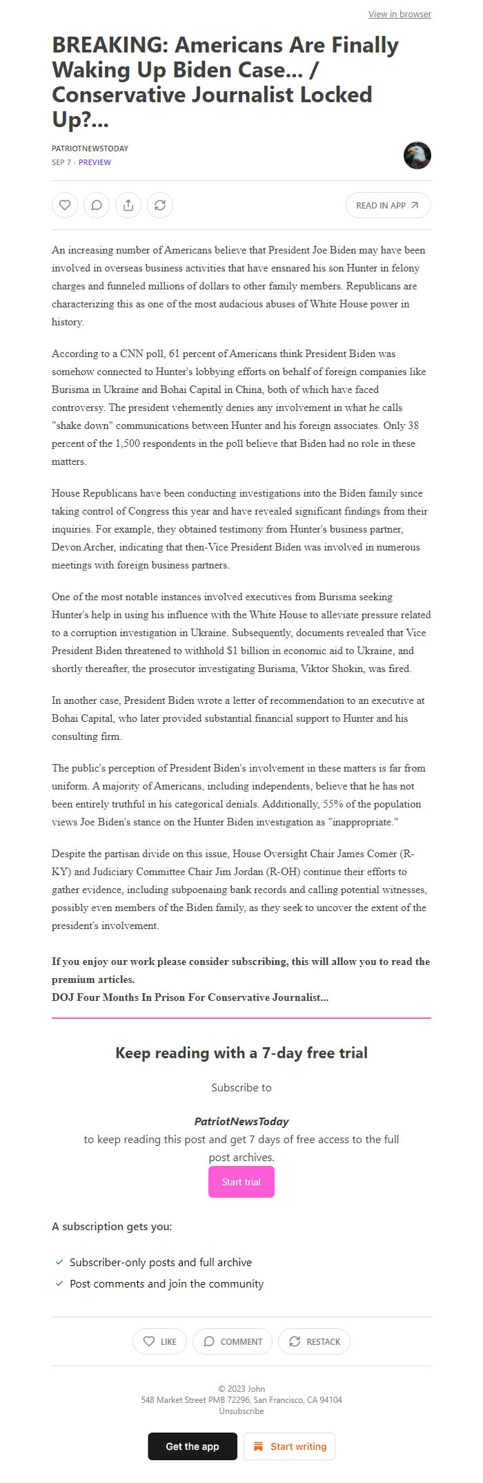 Screenshot of the email generated on import