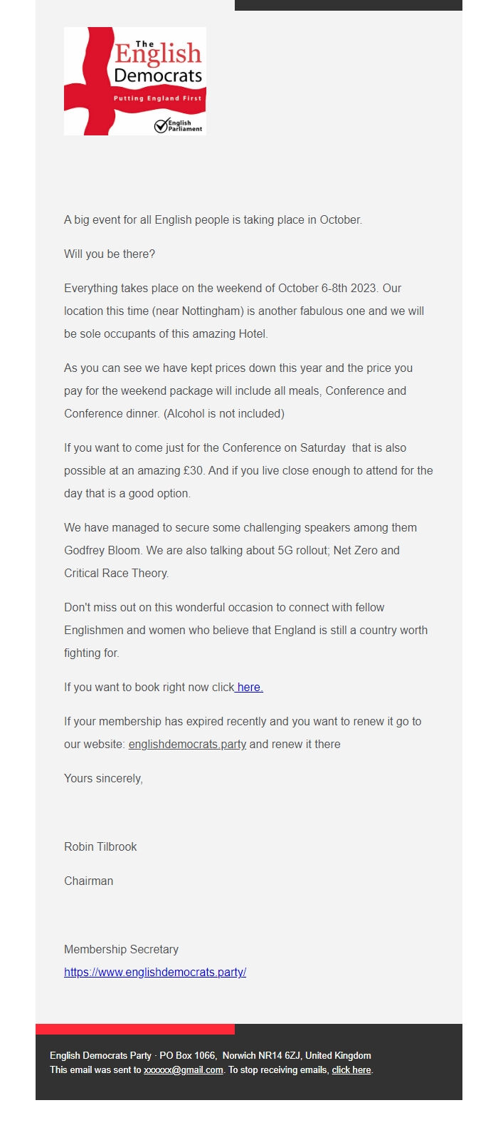 Screenshot of the email generated on import