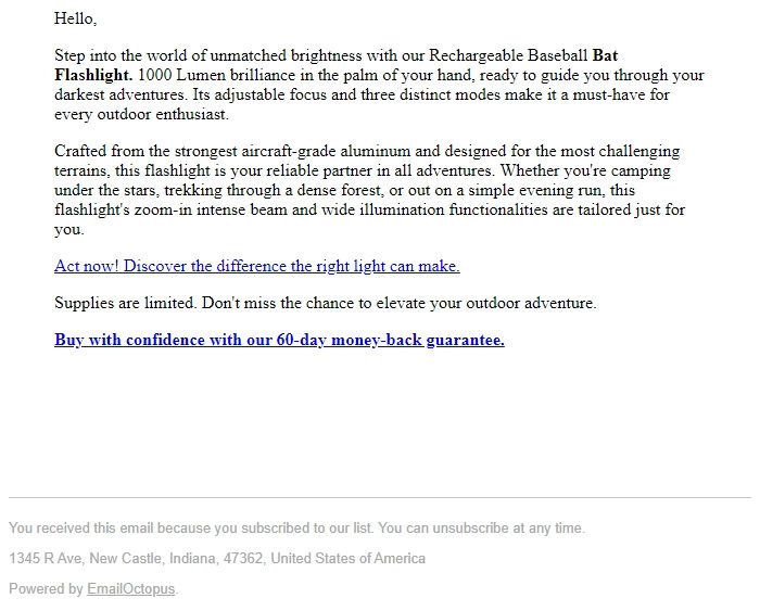 Screenshot of the email generated on import