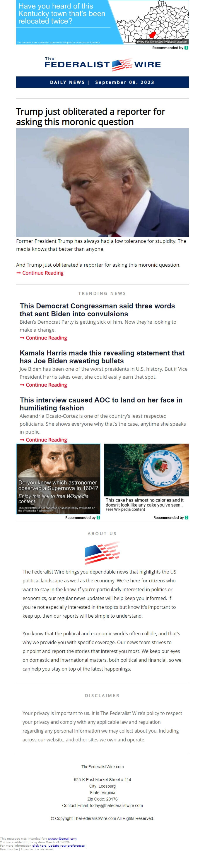 Screenshot of the email generated on import