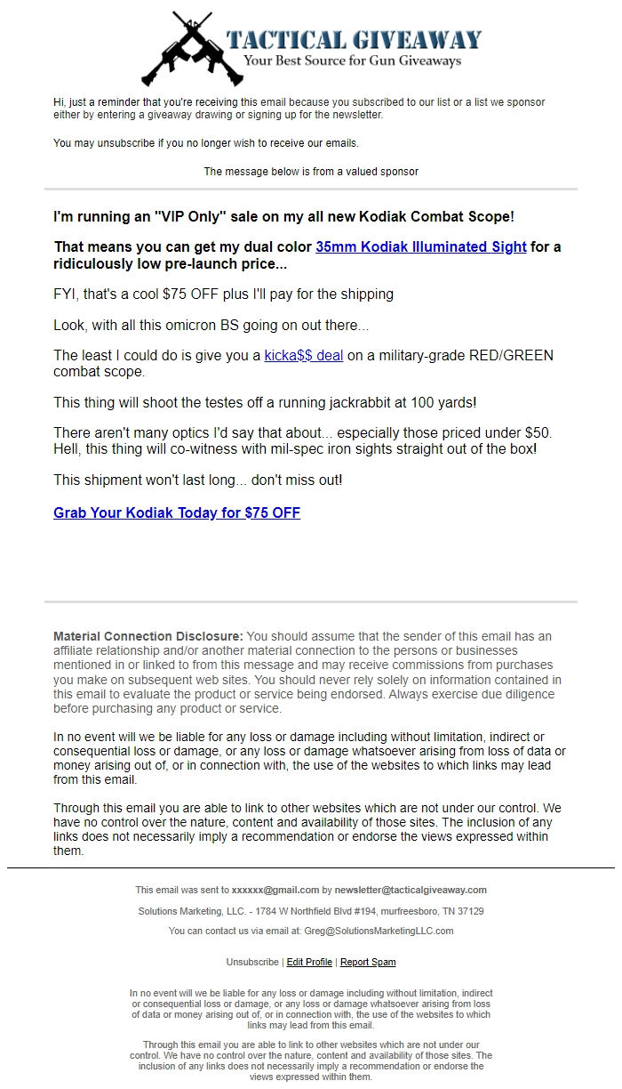 Screenshot of the email generated on import