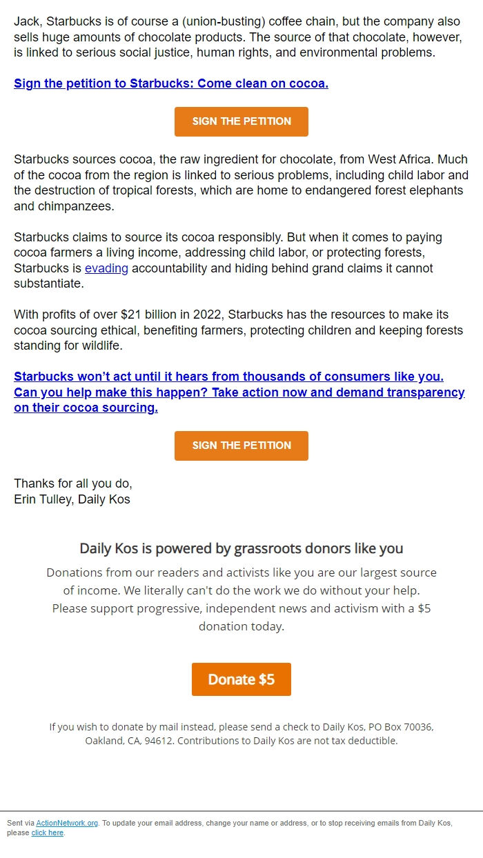 Screenshot of the email generated on import