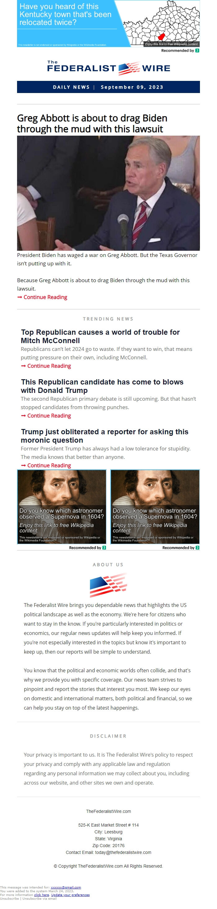 Screenshot of the email generated on import