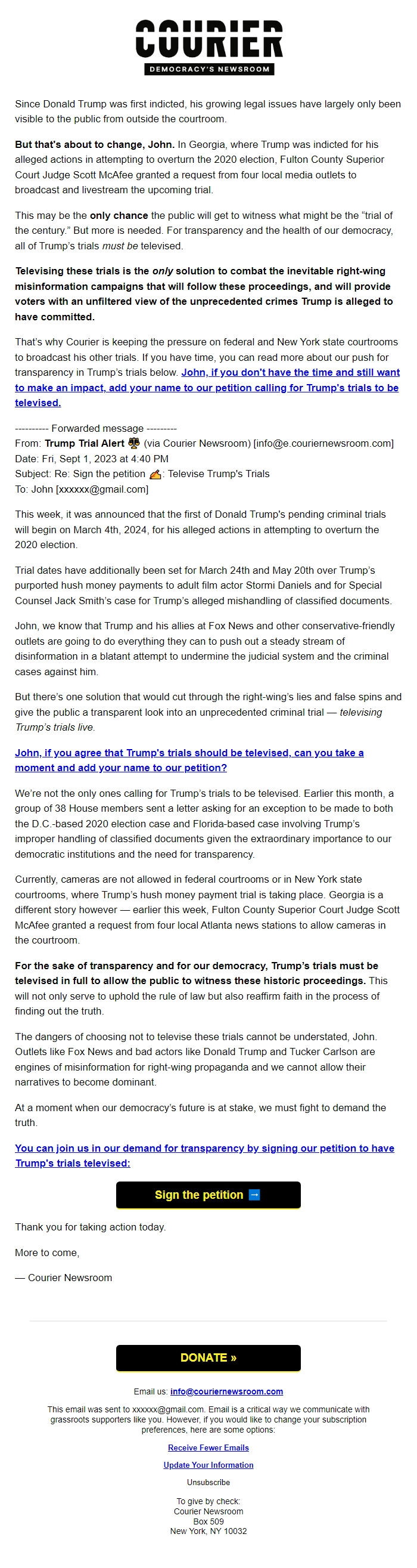 Screenshot of the email generated on import