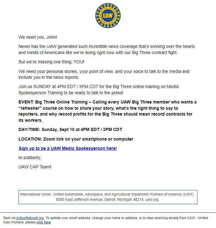 Screenshot of the email generated on import