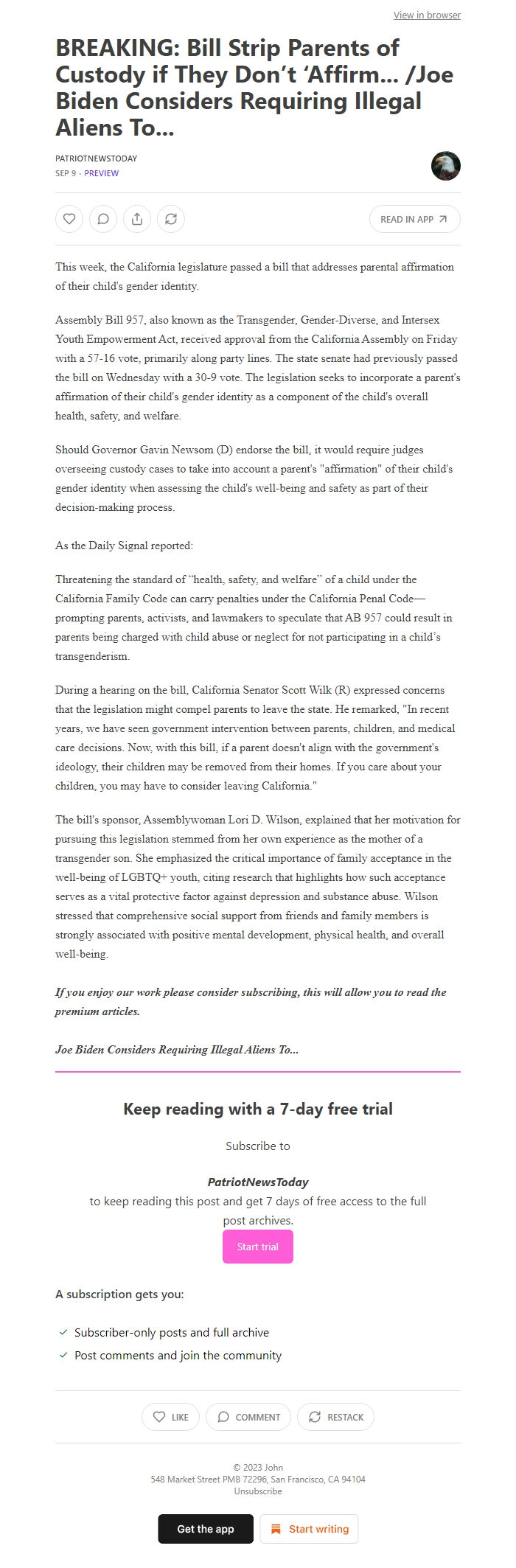 Screenshot of the email generated on import