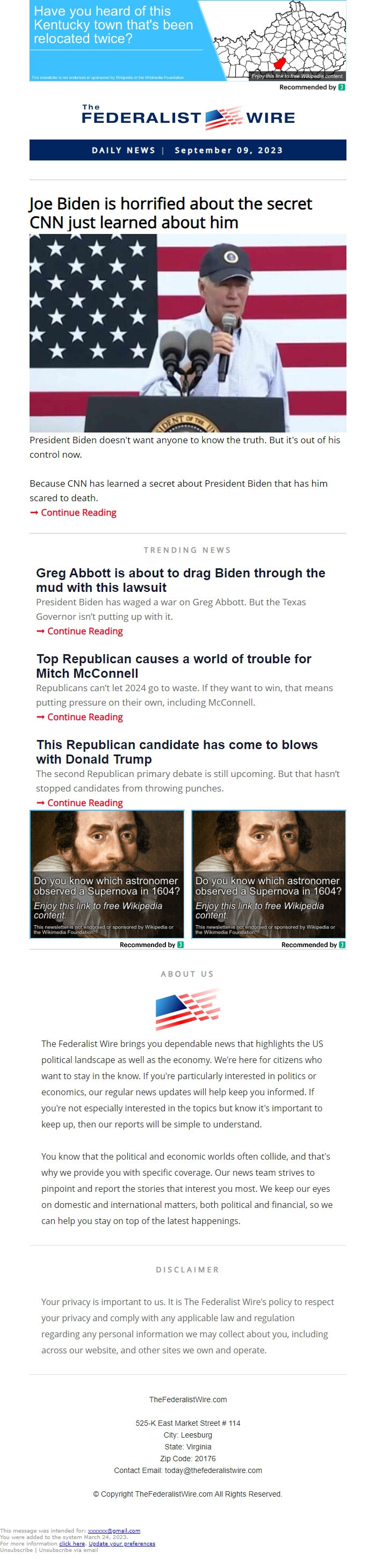 Screenshot of the email generated on import