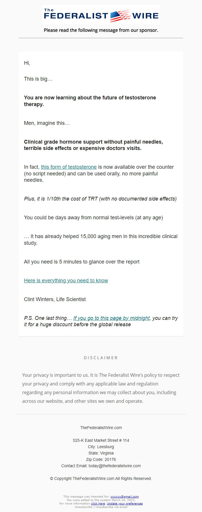 Screenshot of the email generated on import