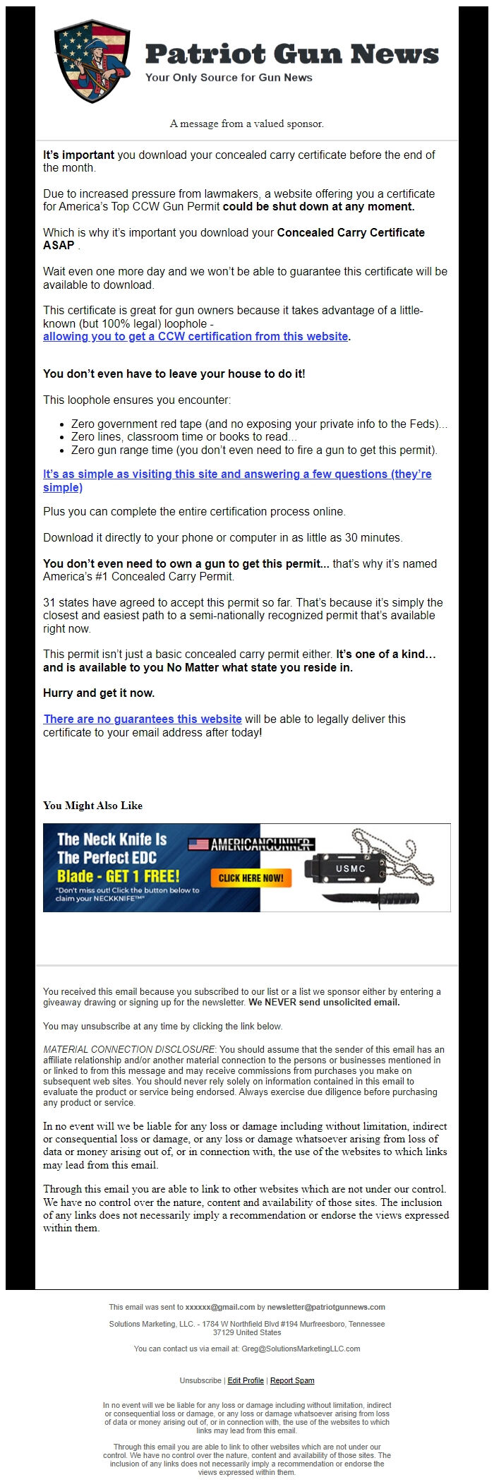 Screenshot of the email generated on import