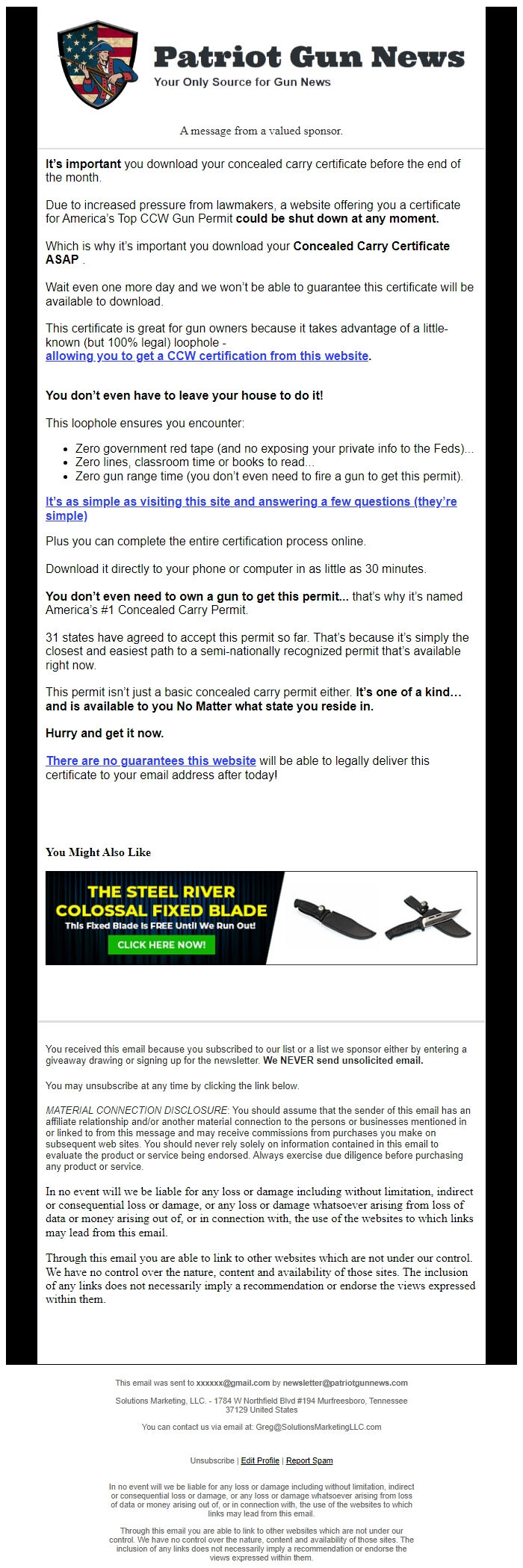 Screenshot of the email generated on import