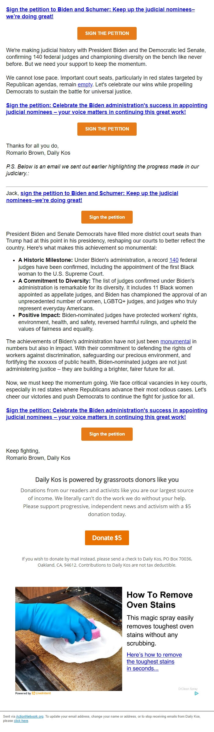 Screenshot of the email generated on import