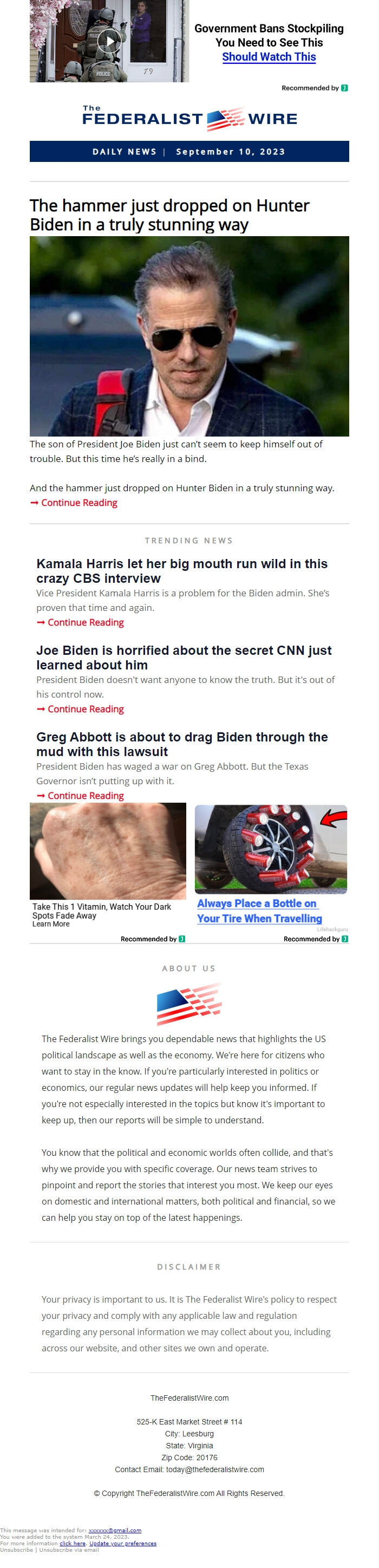 Screenshot of the email generated on import