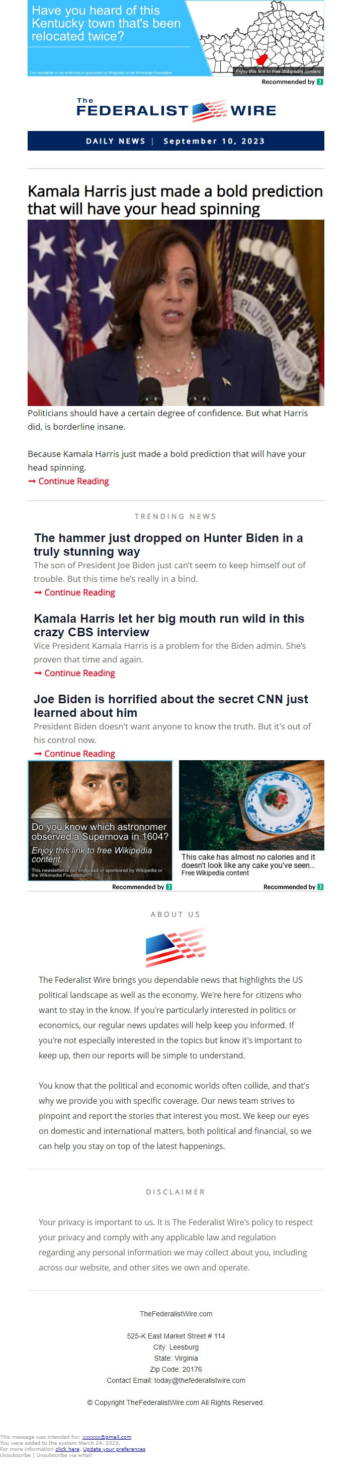 Screenshot of the email generated on import