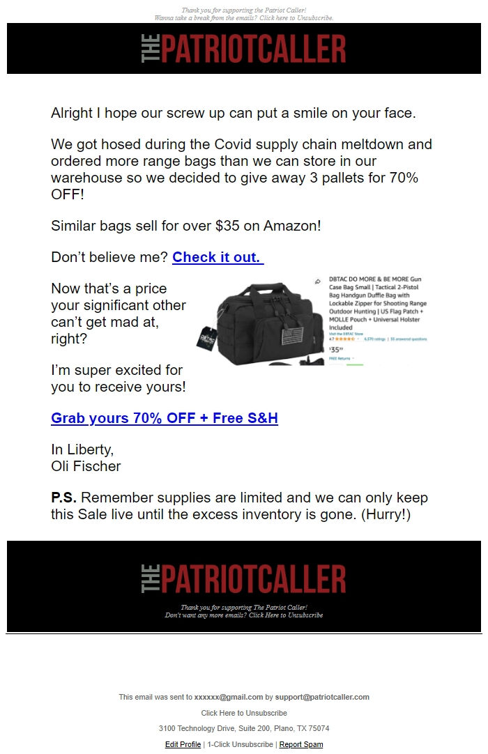 Screenshot of the email generated on import