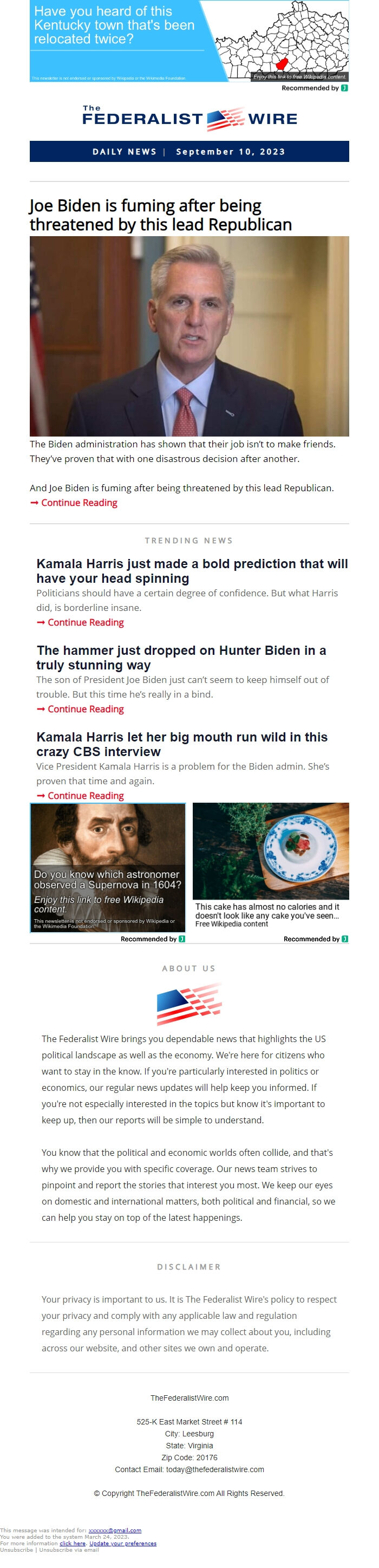 Screenshot of the email generated on import