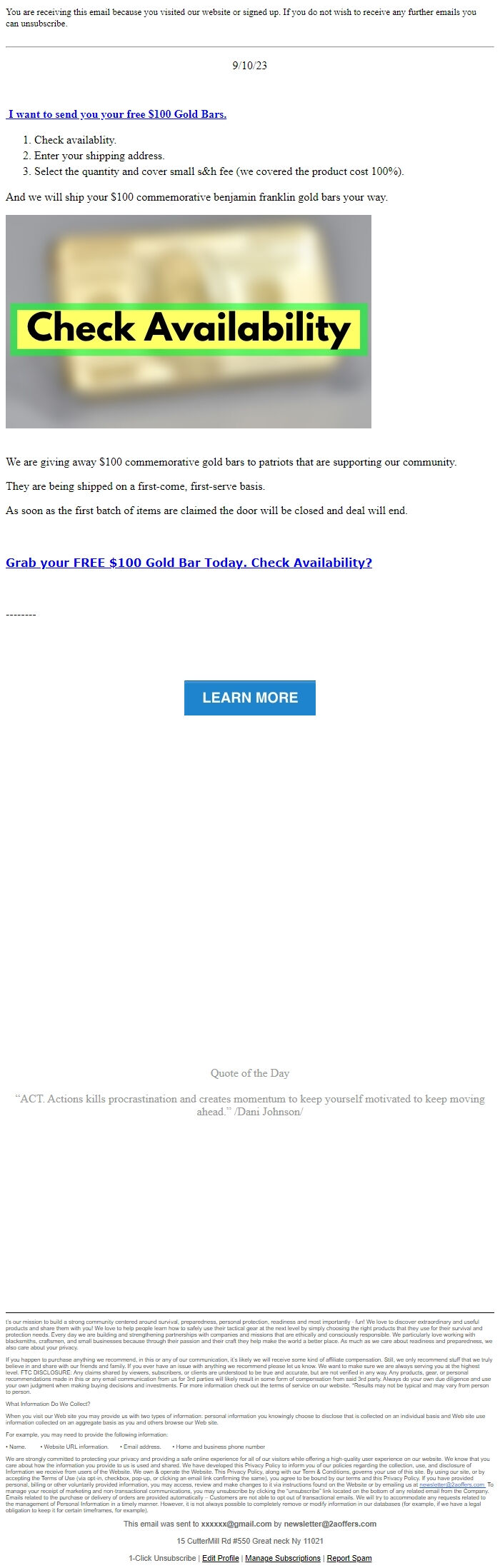 Screenshot of the email generated on import