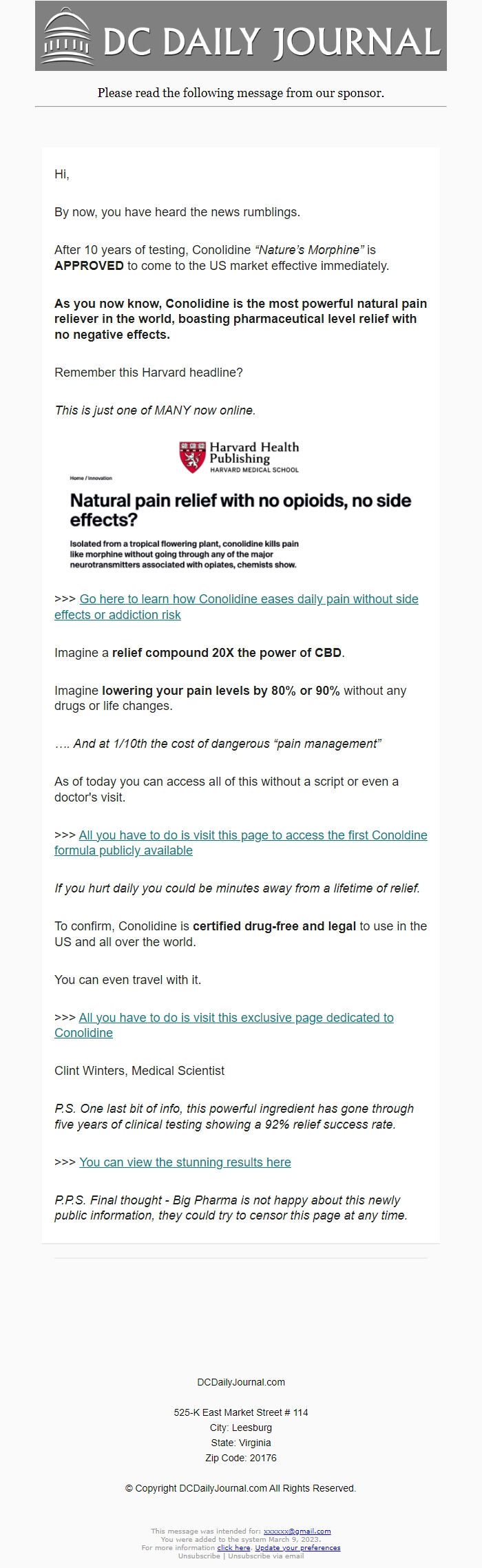 Screenshot of the email generated on import