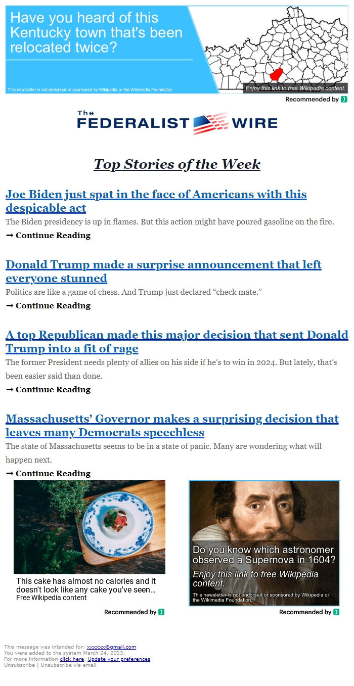 Screenshot of the email generated on import