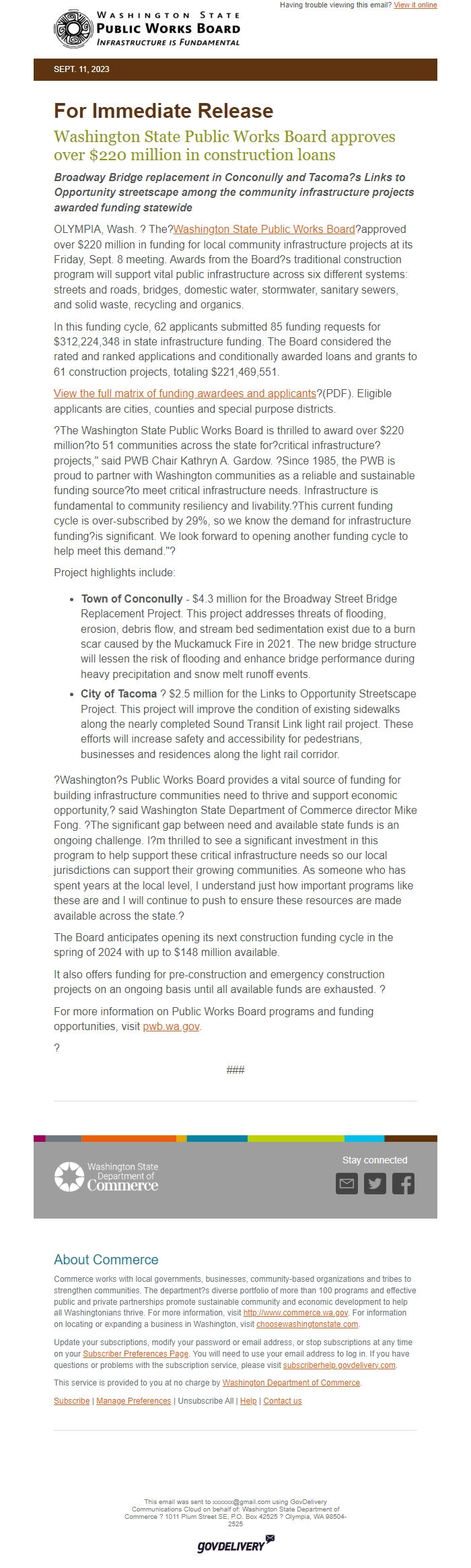 Screenshot of the email generated on import