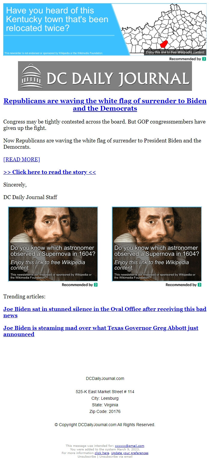 Screenshot of the email generated on import