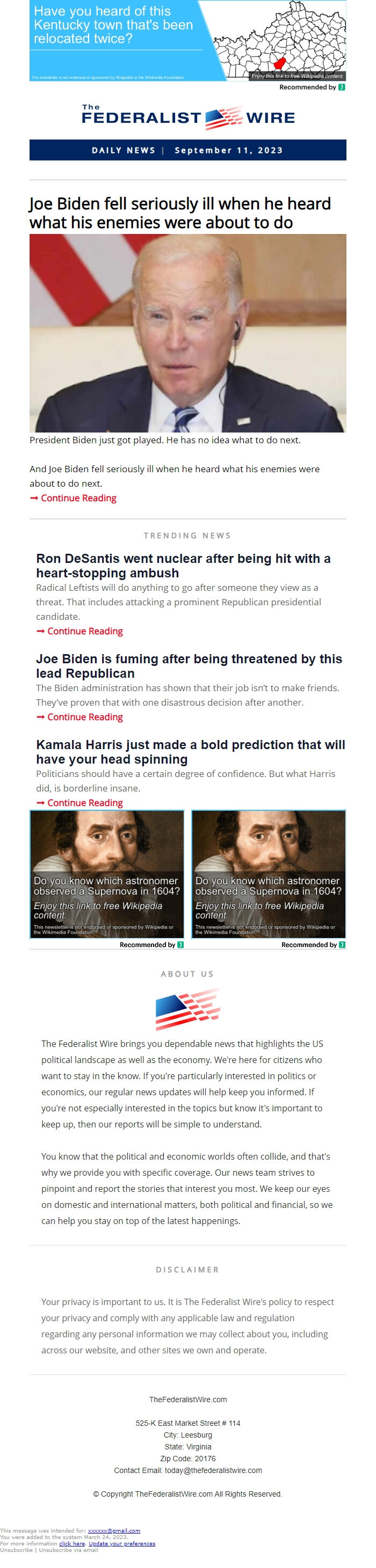 Screenshot of the email generated on import