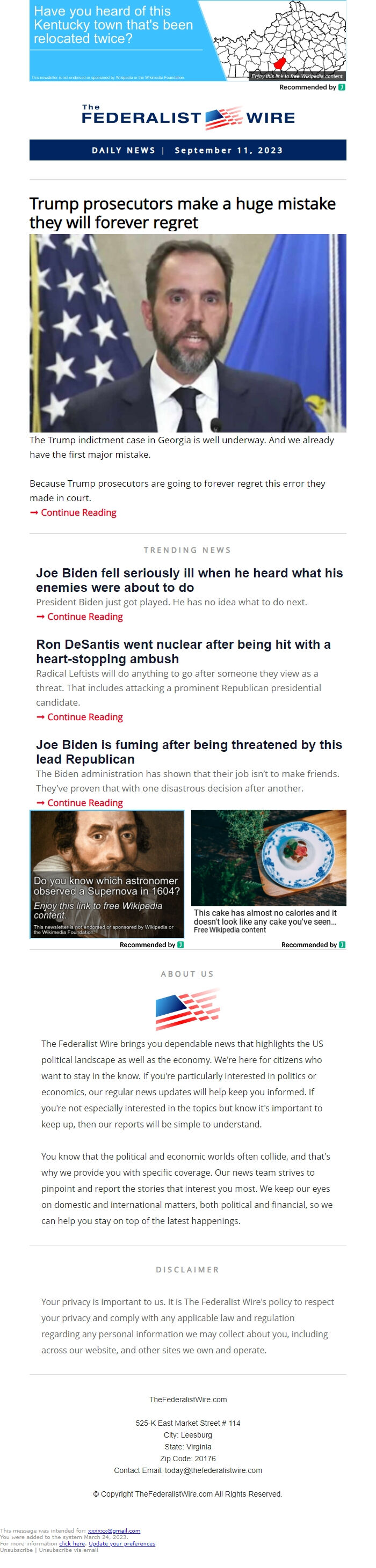 Screenshot of the email generated on import