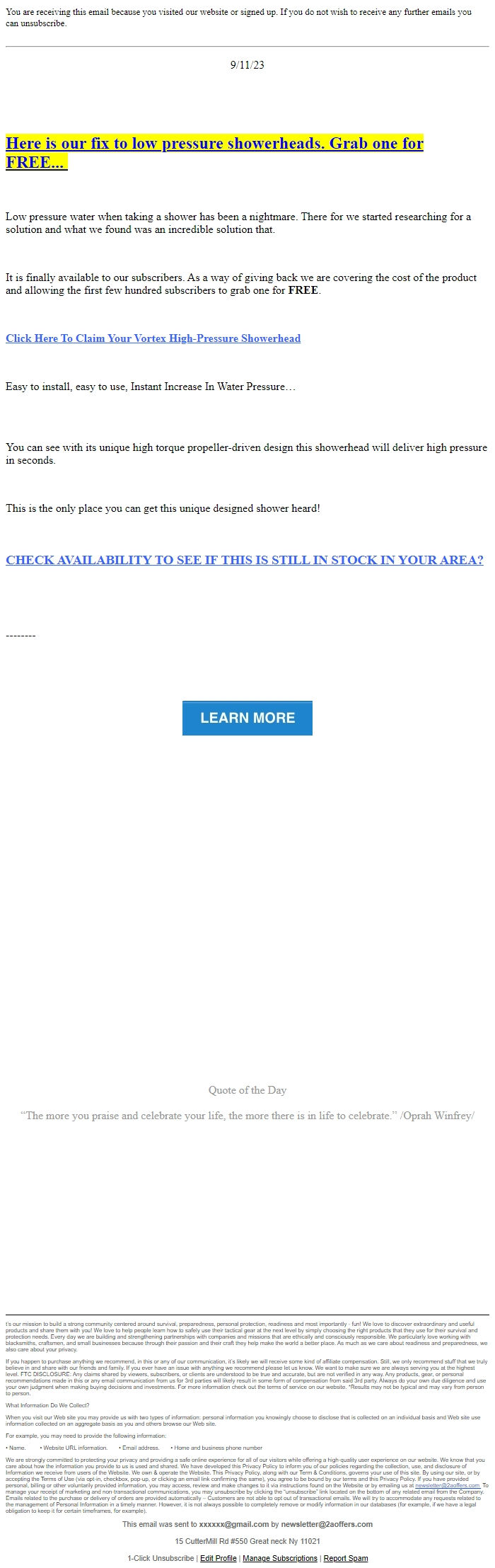 Screenshot of the email generated on import