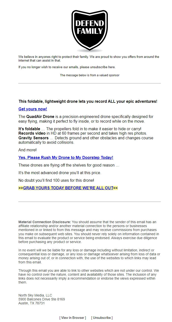 Screenshot of the email generated on import