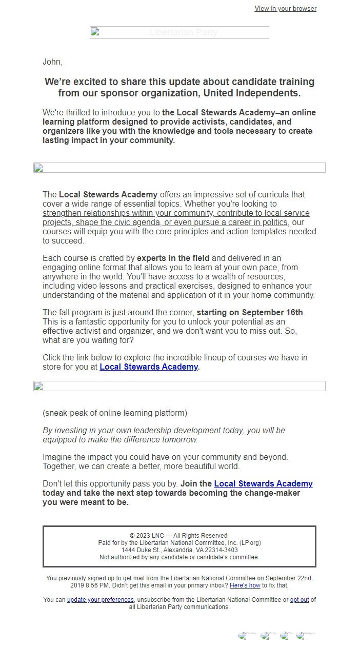 Screenshot of the email generated on import