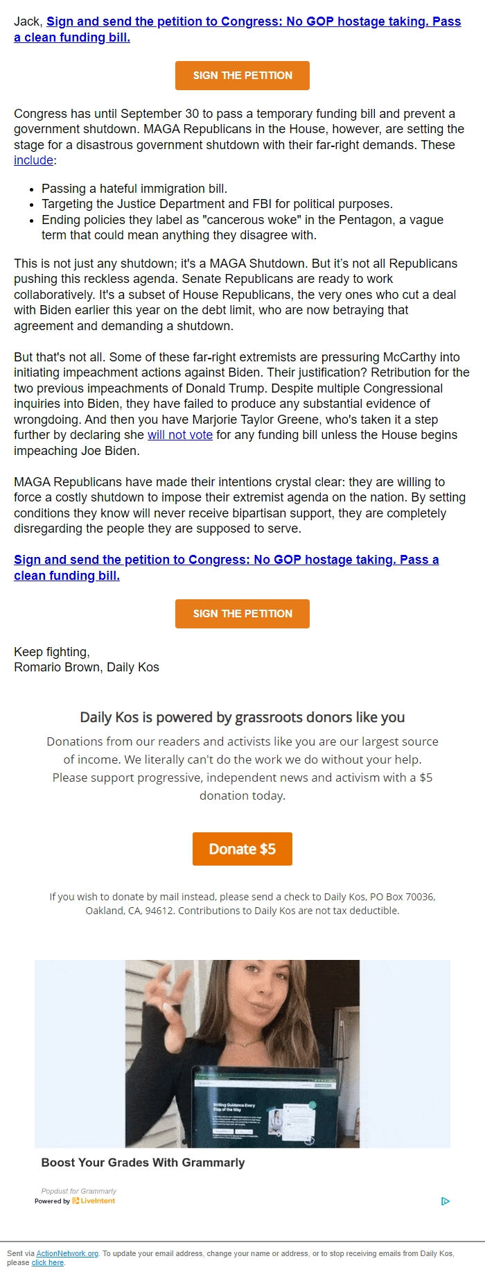 Screenshot of the email generated on import