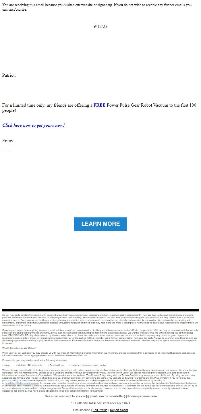 Screenshot of the email generated on import