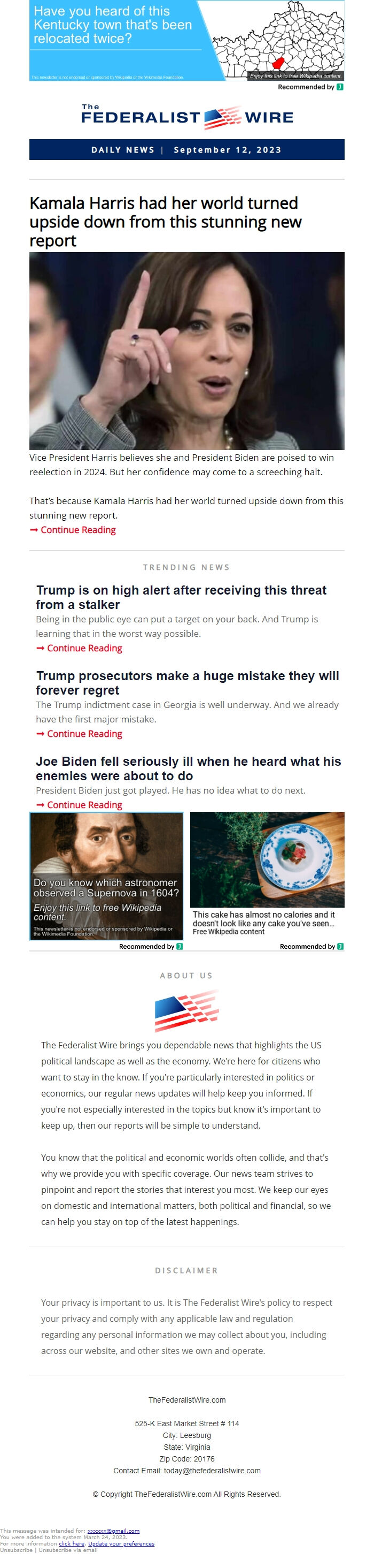 Screenshot of the email generated on import