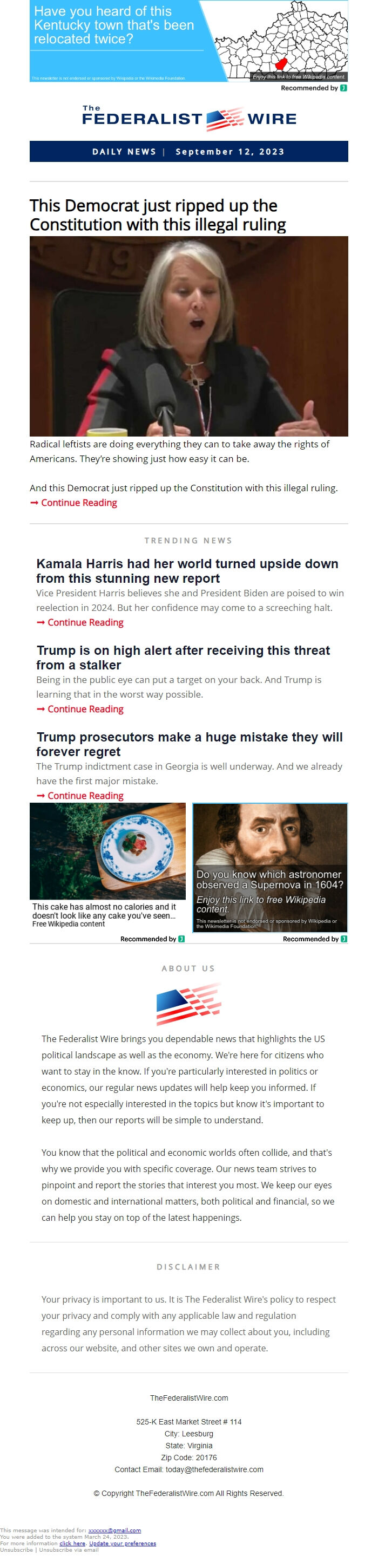 Screenshot of the email generated on import