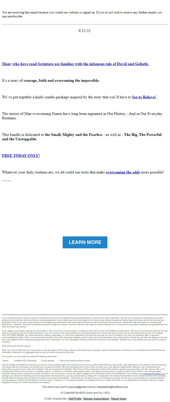 Screenshot of the email generated on import