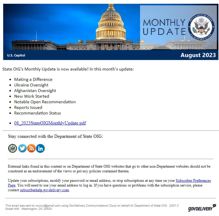 Screenshot of the email generated on import