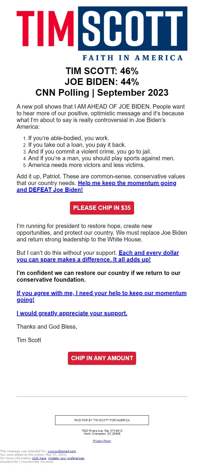 Screenshot of the email generated on import