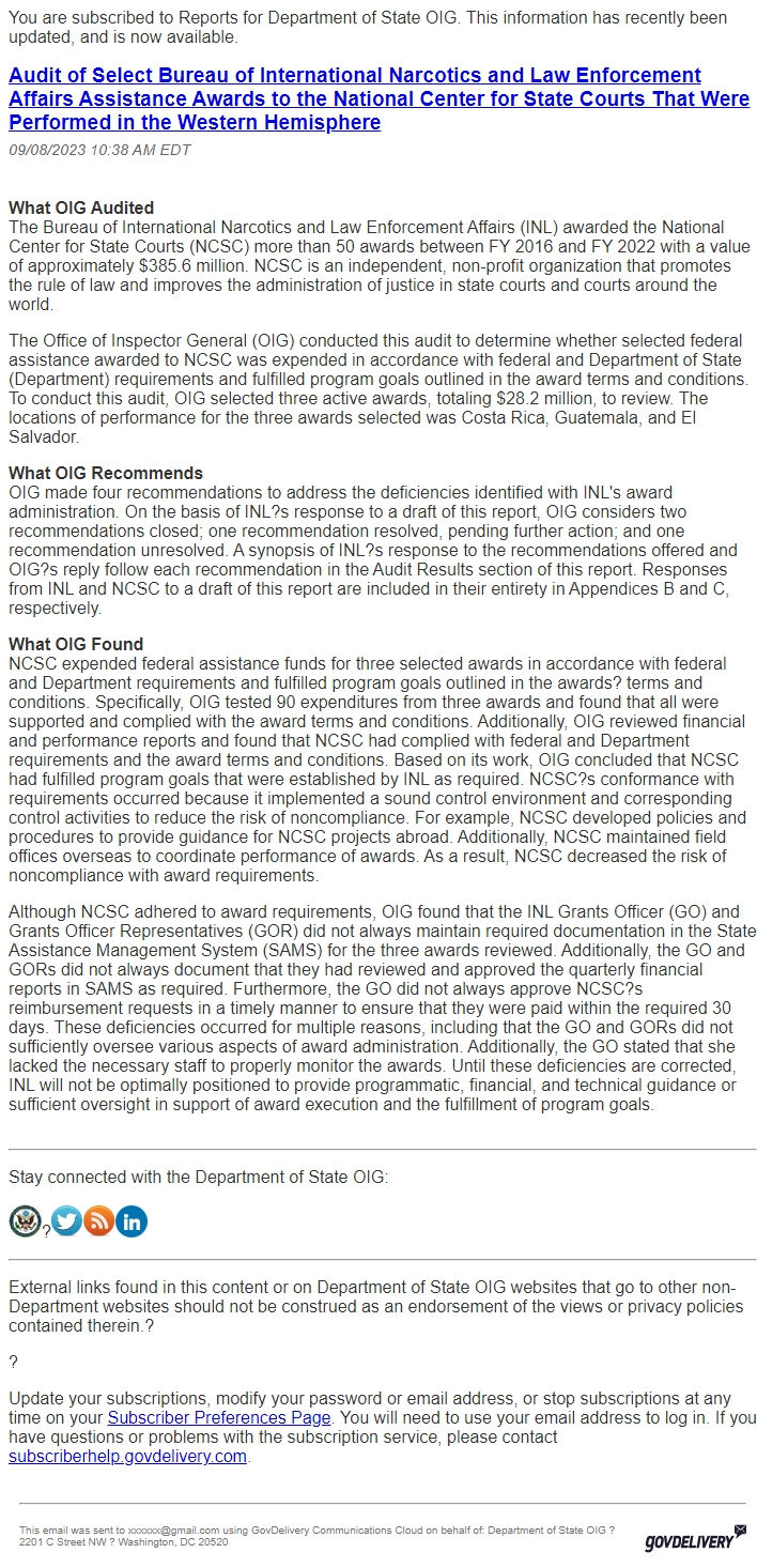 Screenshot of the email generated on import