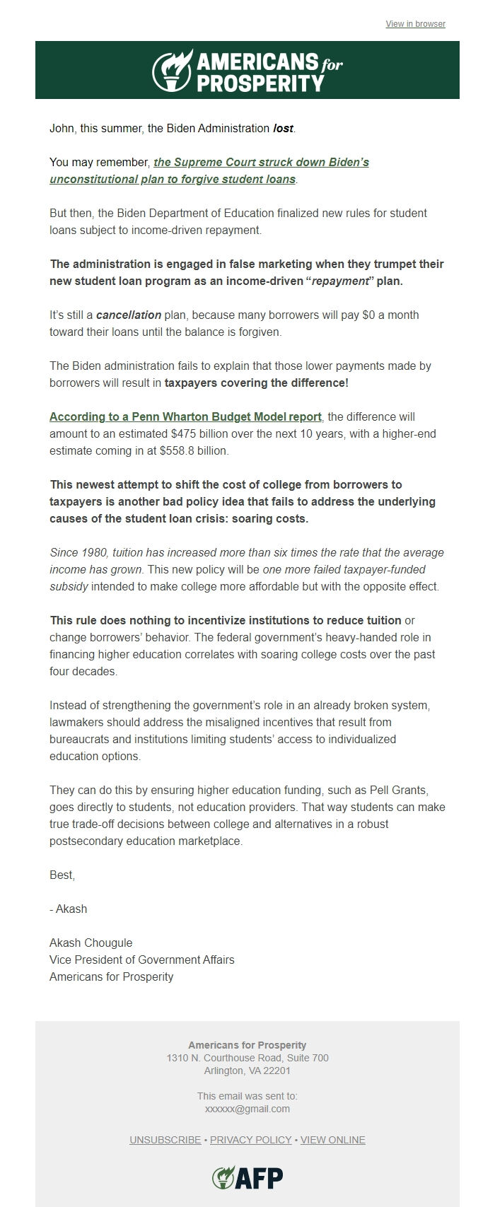 Screenshot of the email generated on import