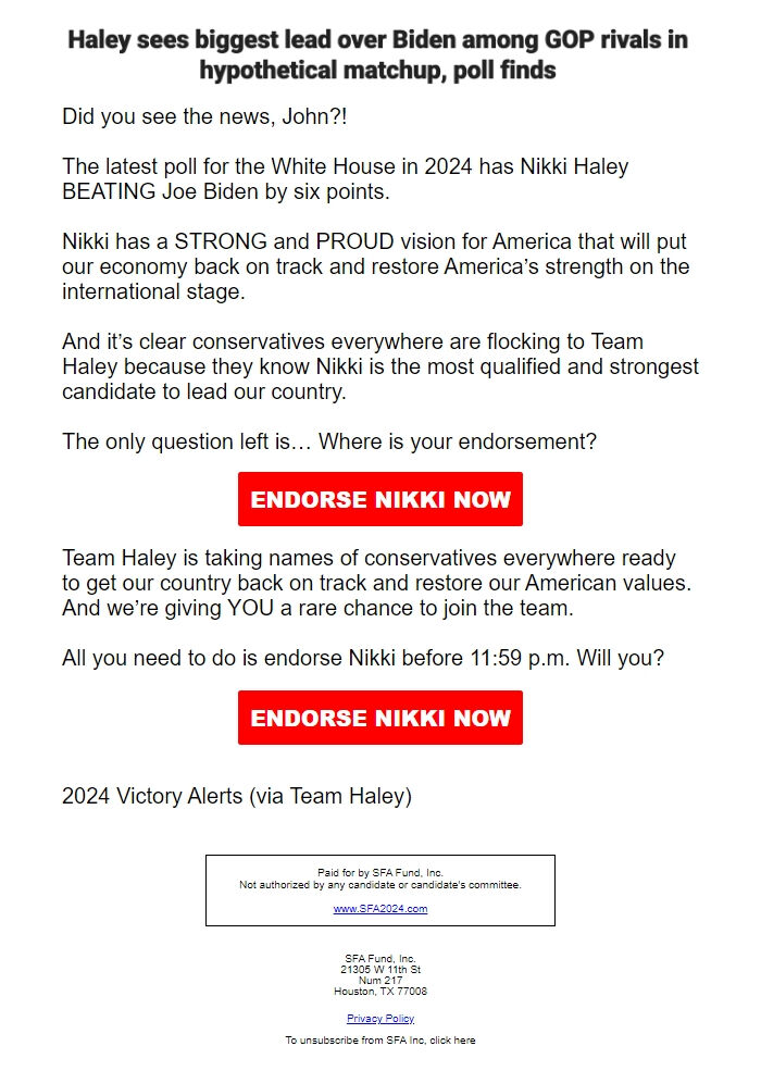 Screenshot of the email generated on import