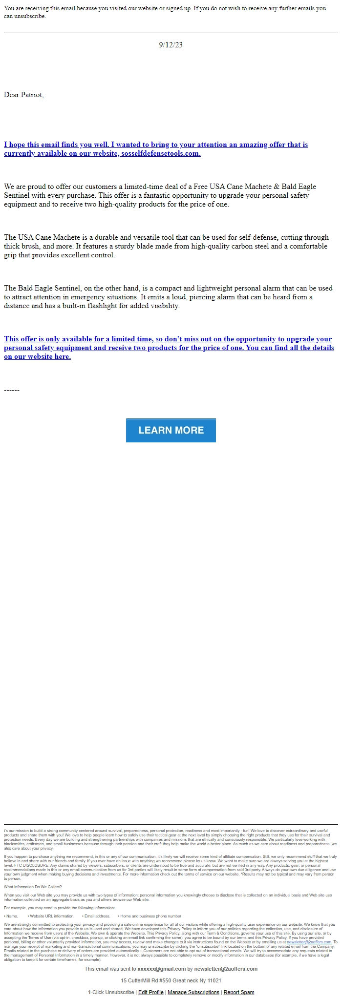 Screenshot of the email generated on import