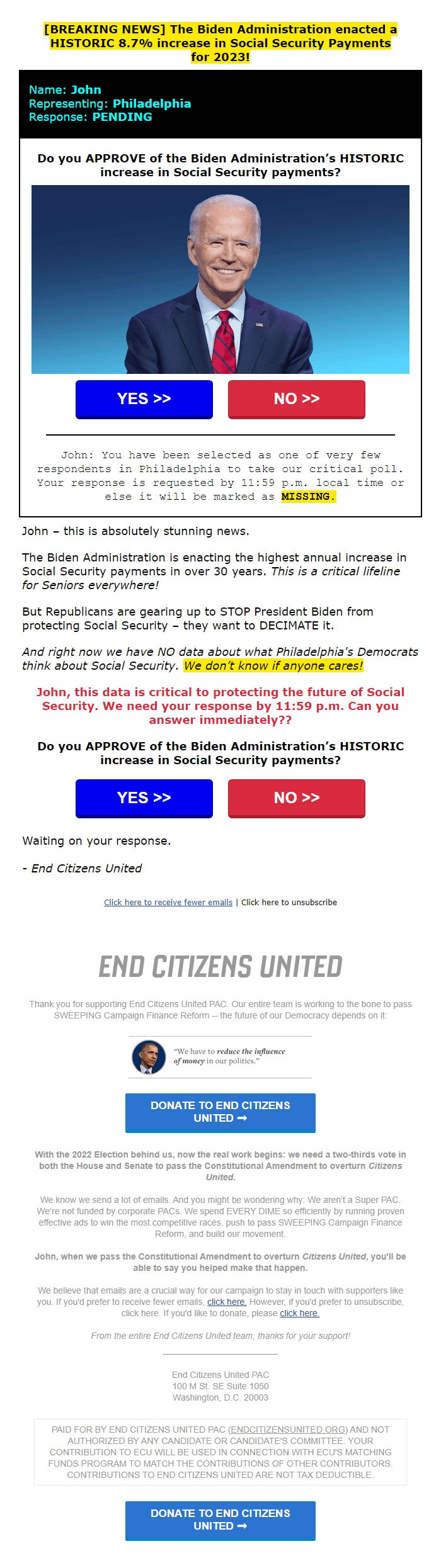 Screenshot of the email generated on import